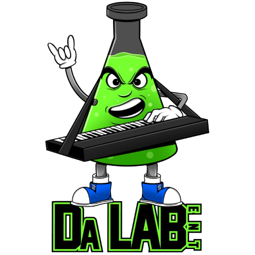 A green bottle holding a keyboard with the words " da lab ".