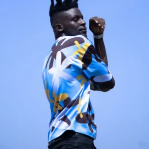 A man with a mohawk haircut is wearing a blue shirt.