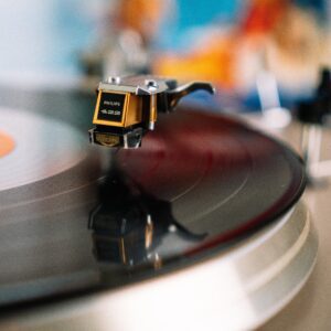 A record player with the needle on it.